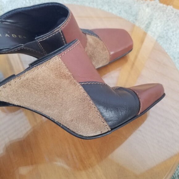 Vintage Patchwork Size 7 Clogs Mules Shoes Brown Black Leather Suede - Picture 7 of 11